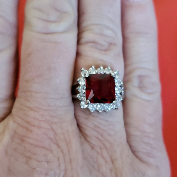 None Jewelry - Silver ring with stimulated ruby and CZ stones